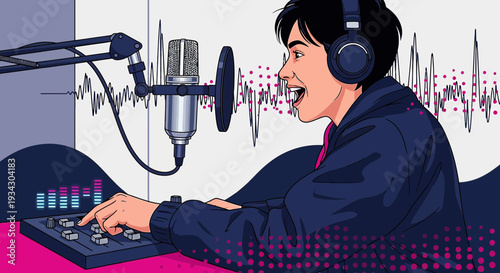 Podcaster Speaking into Microphone with Sound Waves and Audio Mixer