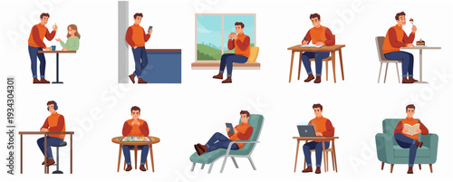Flat Character Design Man Doing Various Daily Activities in Different Poses