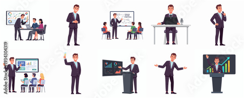Cartoon Style Diverse Business Man in Presentation and Meeting Illustration Set