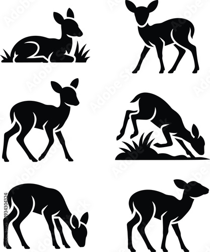 Black silhouettes of deer in various poses on white background