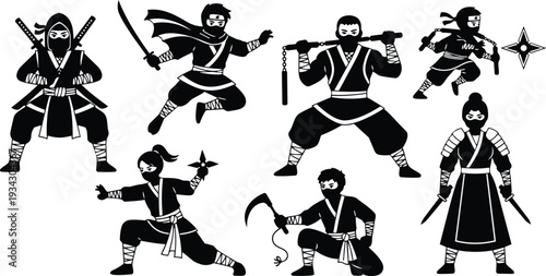 Colorful vector ninja character set showing seven action poses with swords shuriken and staffs in dynamic low angle composition svg png mockup black silhouette masks wraps
