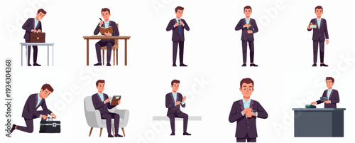 Flat Style Illustration of Business Man in Various Situations and Poses