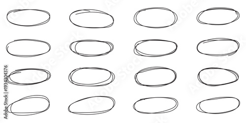 Hand drawn black and white circles and ovals set. Ellipses in red pencil doodle style. Round freehand shapes. Outline red drawing line clipart .