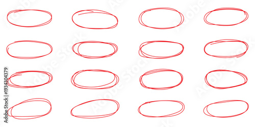 Set of hand drawn red circles and ovals. Highlight circle frames in red color. Ellipses in doodle style. Abstract Vector Brush Stroke Collection.
