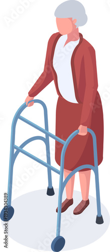 Senior woman using medical walker for support and mobility