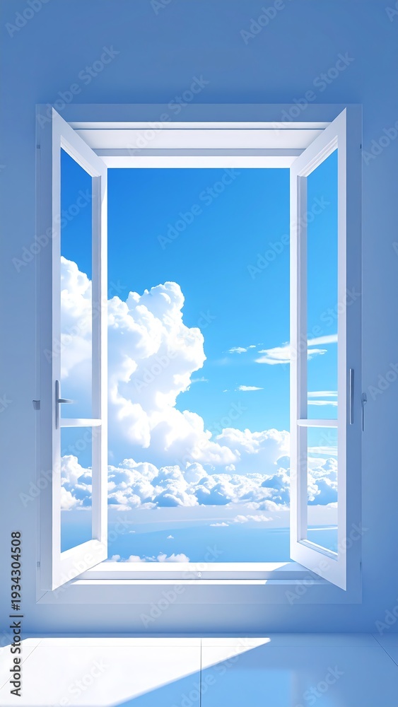 Obraz premium An open, white window frames a bright blue sky filled with fluffy white clouds, offering a panoramic view. The light shines in