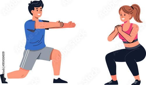 Fitness workout illustration of man doing forward lunge exercise and woman performing squat, healthy lifestyle training, gym routine, physical wellness concept