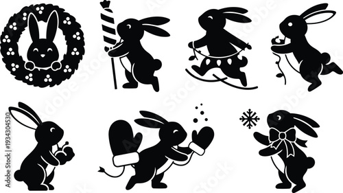 Minimalist vector art eight playful rabbit silhouettes holding wreath candy cane skiing jumping decorating with mittens bow ribbon and snowflake flat black icons side view closeup