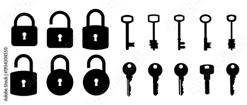 Lock icons set. Locked and unlocked lock icon. Key icon set. Keys vector icons.