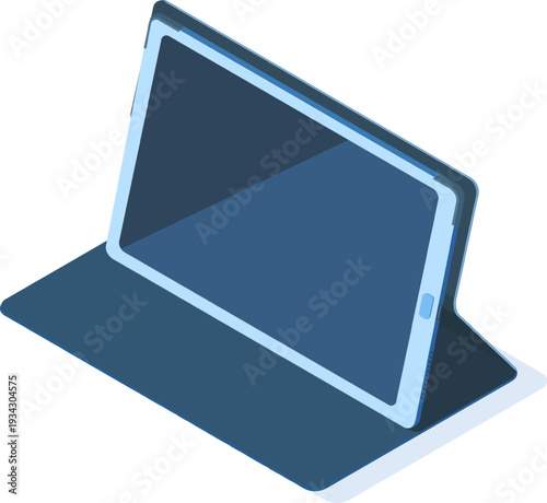 Tablet standing in protective cover displaying digital screen