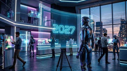 Robot observing 2027 hologram in busy tech office with people. 2027 innovation event concept.