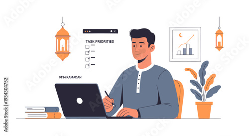 Optimized Productivity Dedicated Individual Systematically Tackles Workload and Prioritizes Tasks in a Contemporary Home Office Illustration