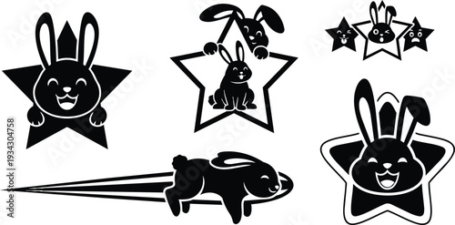 Vector art flat design star badge set with smiling bunny faces hopping and leaping rabbit rocket emblem isolated on white background playful bold silhouette composition icons