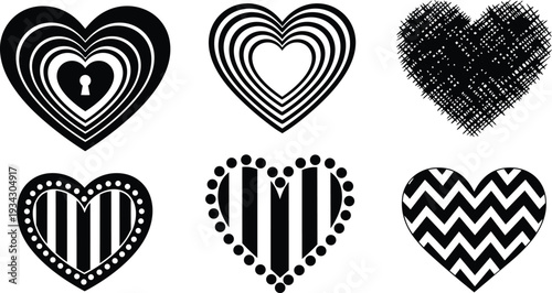 Minimalist black and white vector heart icon set six patterned hearts including lock keyhole concentric scribble stripe polka dot chevron close up flat design simple bold