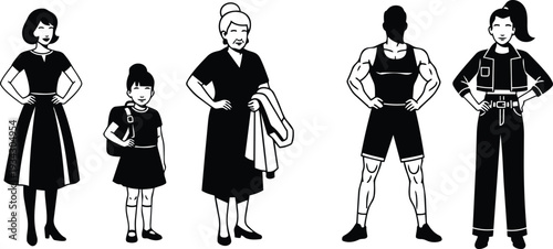 Minimalist vector art lineup of five female figures standing hands on hips from young girl to elderly woman plus muscular athlete and casual teen portrait front
