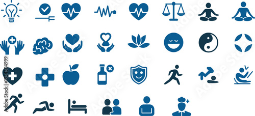 Health and wellness icon set with fitness, nutrition, mental care, medical symbols, lifestyle balance, protection, rest, activity, healthy living concept