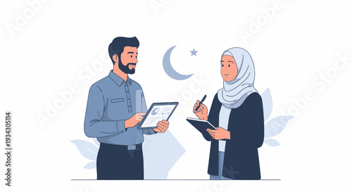 Inclusive professional collaboration featuring a Muslim man and woman engaging in productive discussion, symbolizing diverse teamwork and modern business partnership