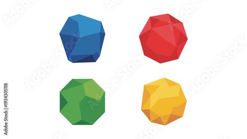 Four colorful geometric polyhedrons arranged in a square formation.