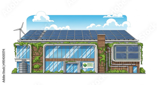 Modern Eco Friendly Building with Solar Panels and Wind Turbine.