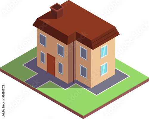 Isometric house building representing real estate development