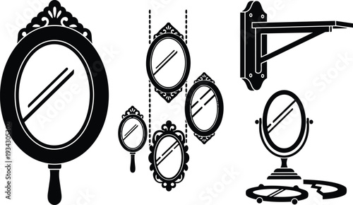 Minimalist icon close up ornate oval mirror collection hanging and tabletop mirrors shown from low angle with decorative frames and reflective highlights in monochrome vector art