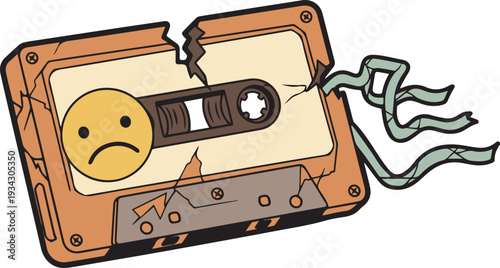 Broken Retro Cassette Tape with Sad Face Illustration
