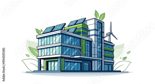 Modern Eco Friendly Building with Solar Panels and Wind Turbine.