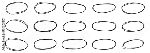 Hand drawn black and white circles and ovals set. Ellipses in red pencil doodle style. Round freehand shapes. Outline red drawing line clipart .