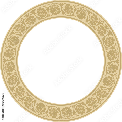 Vector round golden Indian national ornament. Ethnic plant circle, border. Frame, flower ring. Poppies and leaves.