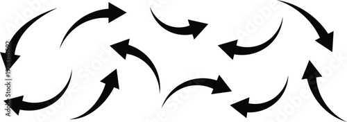 A dynamic collection of simple black curved arrows pointing in various directions indicating movement flow direction and change graphic vector design elements