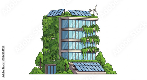 Modern Eco Friendly Building with Solar Panels and Wind Turbine.
