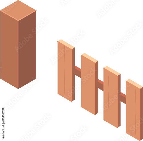 Isometric wooden fence separating property line with post