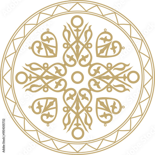 Vector gold round Yakut ornament. Endless circle, border, frame of the northern peoples of the Far East.