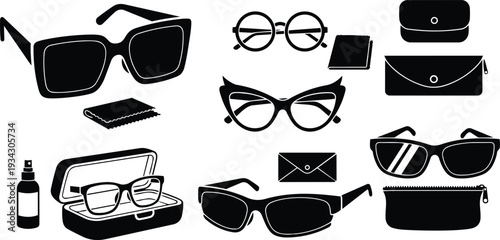 Minimalist vector icon set close up eyeglasses and accessories arranged top view with cleaning cloth case spray multiple frame styles including cat eye round rectangular sunglasses