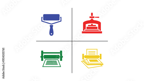 Four vintage icons representing classic office tools and equipment