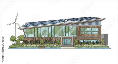 Modern Eco Friendly Building with Solar Panels and Wind Turbine.