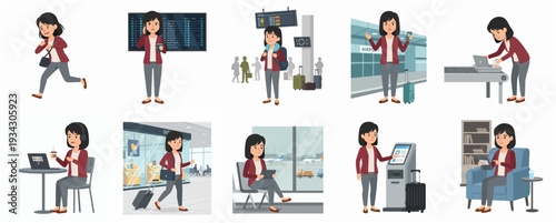 Flat Style Detailed Airplane Pilot Character in Cockpit Illustration Set