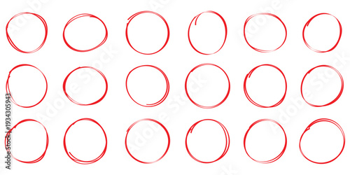 Set of hand drawn red circles and ovals. Highlight circle frames in red color. Ellipses in doodle style. Abstract Vector Brush Stroke Collection.