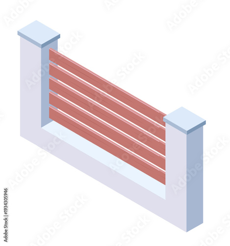 Isometric fence section showing wooden slats and concrete posts