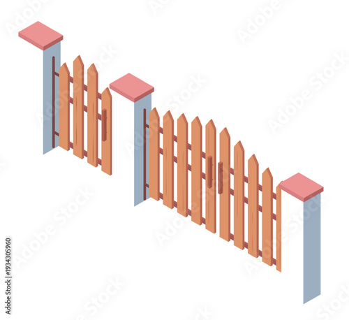 Wooden picket fence gate opening isometric view