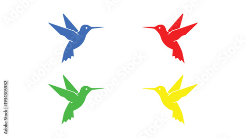 Four vibrant hummingbirds in flight with distinct color variations