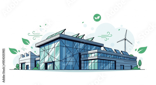 Modern Eco Friendly Building with Solar Panels and Wind Turbine.