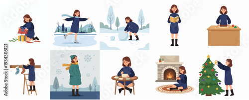 Flat Style Detailed Man in Yellow Raincoat Various Activities Character Illustration