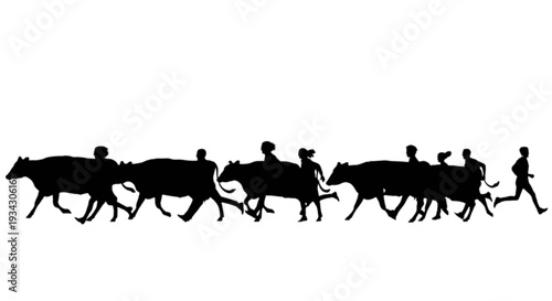 Silhouettes of a herd of cows being guided by human figures in a pastoral scene