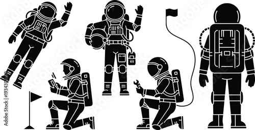 Minimalist vector astronaut set showing front back kneeling and floating poses with flag helmet wrench waving and backpack silhouette icons in black and white flat style