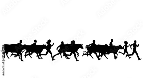 Silhouettes of people running alongside a herd of cattle in motion