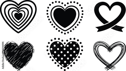 Black and white vector heart icon set six hand drawn dotted scribble ribbon hearts arranged in two rows minimal flat design close up isolated simple outline