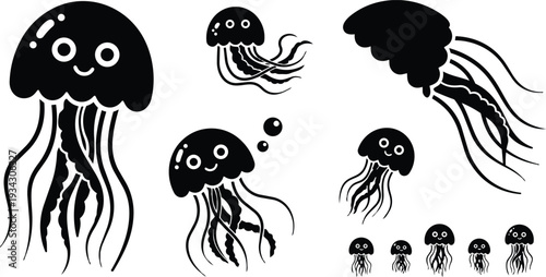 Cute vector jellyfish set close up smiling jellyfish with long flowing tentacles in various sizes side view bubbles floating friendly eyes facing viewer flat black silhouettes