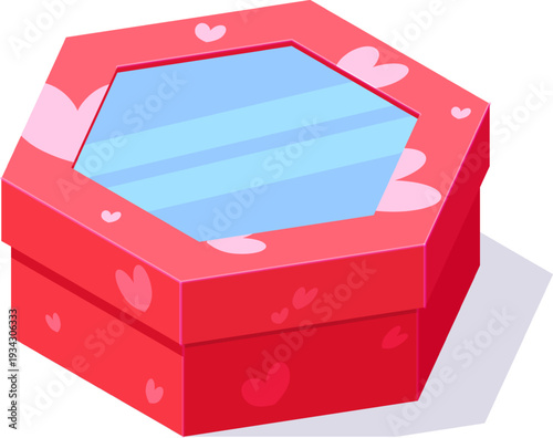 Red hexagonal gift box with viewing window and hearts