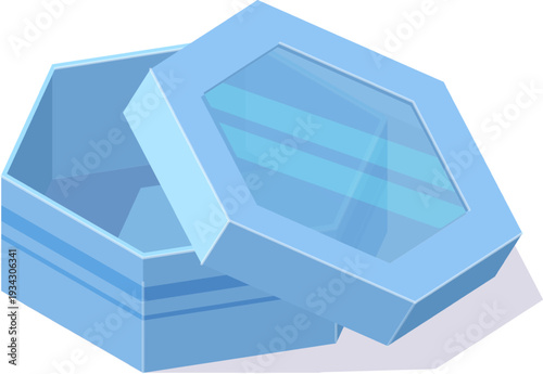 Open light blue hexagonal gift box on white